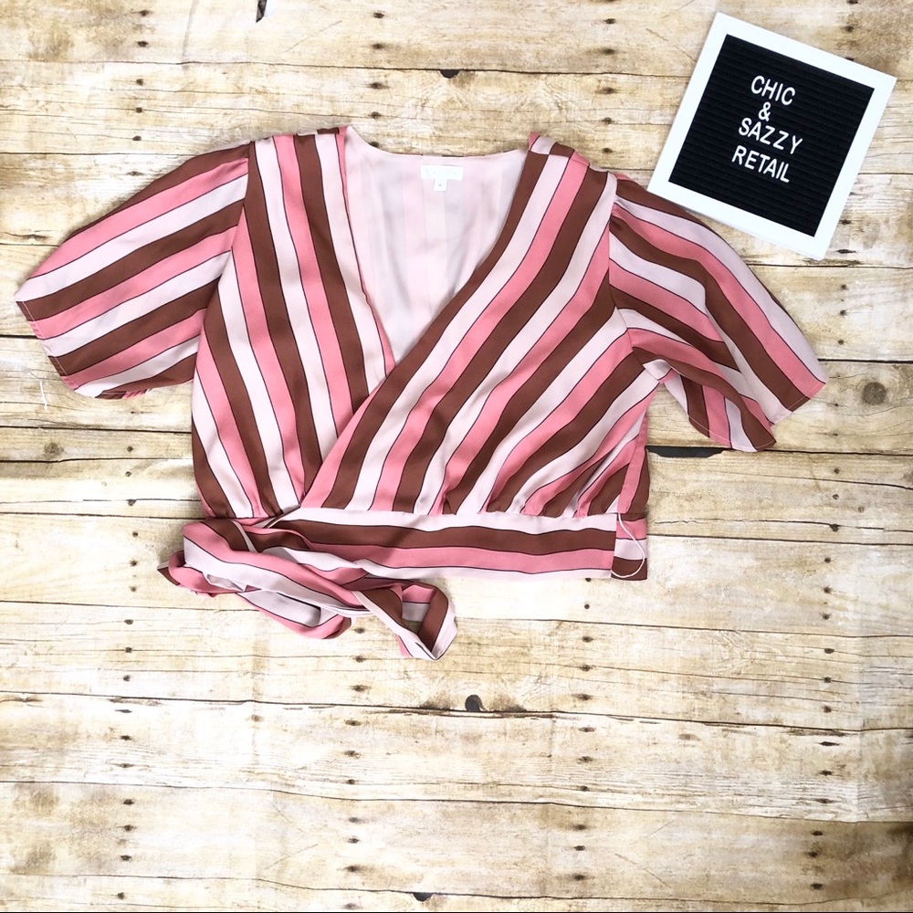 Leith Pink Brown Striped Short Sleeve Cropped Wrap - Picture 3 of 8